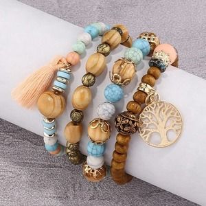 NEW 4 Piece Stretch Tassel Charm Beaded Layered Bracelet Boho Style